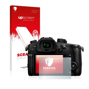 Face avant d’un emballage produit avec le logo de la marque upscreen. À côté, l’appareil Panasonic Lumix DC-GH5 est représenté