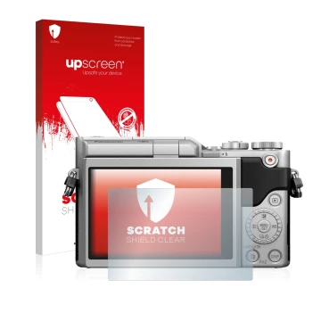 Face avant d’un emballage produit avec le logo de la marque upscreen. À côté, l’appareil Panasonic Lumix DC-GX800 est représen