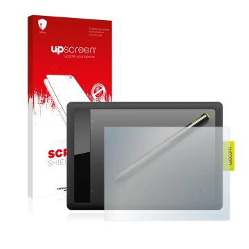 Face avant d’un emballage produit avec le logo de la marque upscreen. À côté, l’appareil Wacom One s CTL-471 est représenté av