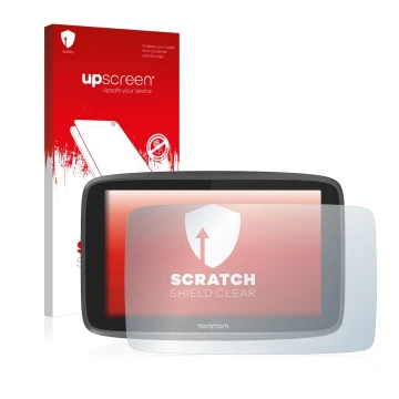 Face avant d’un emballage produit avec le logo de la marque upscreen. À côté, l’appareil TomTom Go 6200 est représenté avec la