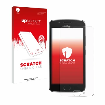 Face avant d’un emballage produit avec le logo de la marque upscreen. À côté, l’appareil Motorola Moto G5 est représenté avec 