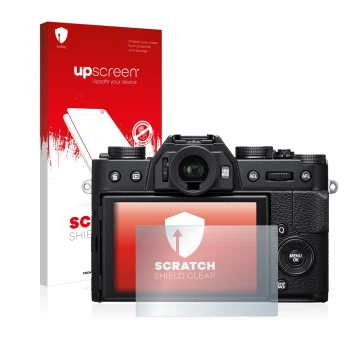 Face avant d’un emballage produit avec le logo de la marque upscreen. À côté, l’appareil Fujifilm X-T20 est représenté avec la