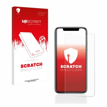 Face avant d’un emballage produit avec le logo de la marque upscreen. À côté, l’appareil Apple iPhone X est représenté avec la