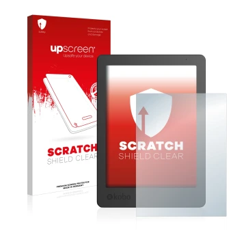 Face avant d’un emballage produit avec le logo de la marque upscreen. À côté, l’appareil Kobo Aura Edition 2 est représenté av