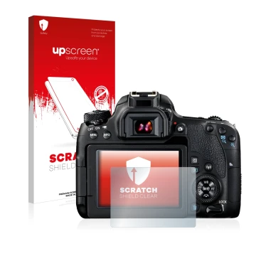 Face avant d’un emballage produit avec le logo de la marque upscreen. À côté, l’appareil Canon EOS 77D est représenté avec la 
