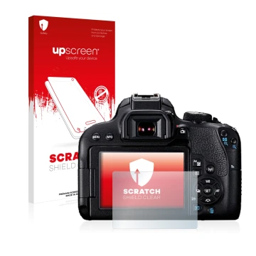 Face avant d’un emballage produit avec le logo de la marque upscreen. À côté, l’appareil Canon EOS 800D est représenté avec la