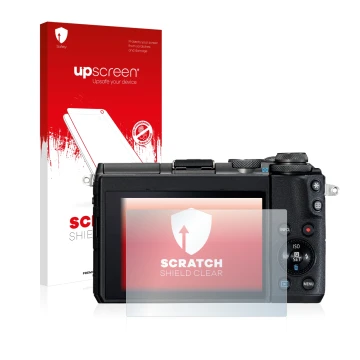 Face avant d’un emballage produit avec le logo de la marque upscreen. À côté, l’appareil Canon EOS M6 est représenté avec la p