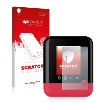 Face avant d’un emballage produit avec le logo de la marque upscreen. À côté, l’appareil Polaroid Pop est représenté avec la p