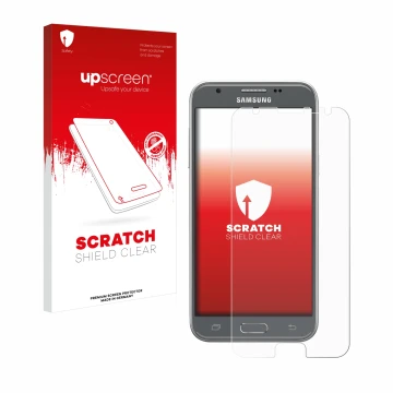 Face avant d’un emballage produit avec le logo de la marque upscreen. À côté, l’appareil Samsung Galaxy J3 2017 est représenté