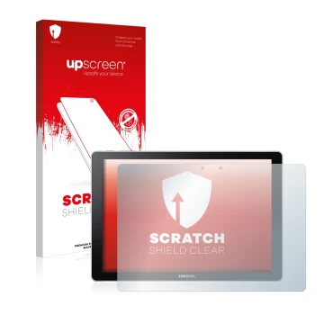 Face avant d’un emballage produit avec le logo de la marque upscreen. À côté, l’appareil Samsung Galaxy Book 12 est représenté