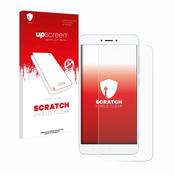 Face avant d’un emballage produit avec le logo de la marque upscreen. À côté, l’appareil Xiaomi Redmi 4X est représenté avec l