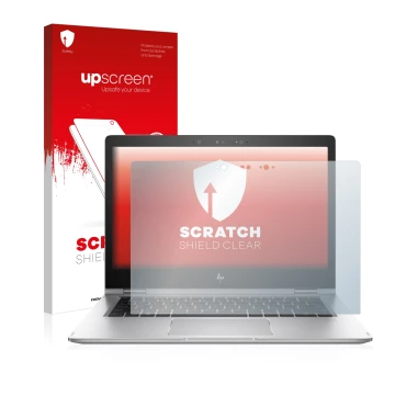 Face avant d’un emballage produit avec le logo de la marque upscreen. À côté, l’appareil HP EliteBook x360 1030 G2 est représe