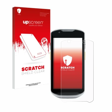 Face avant d’un emballage produit avec le logo de la marque upscreen. À côté, l’appareil Zebra TC56 est représenté avec la pro
