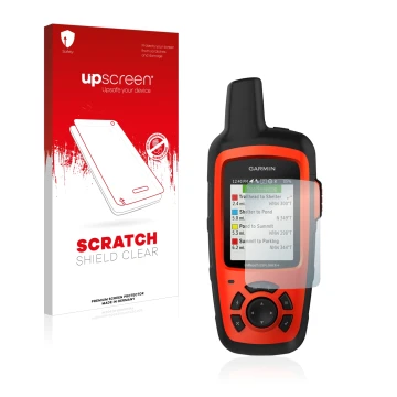 Face avant d’un emballage produit avec le logo de la marque upscreen. À côté, l’appareil Garmin inReach Explorer+ est représen