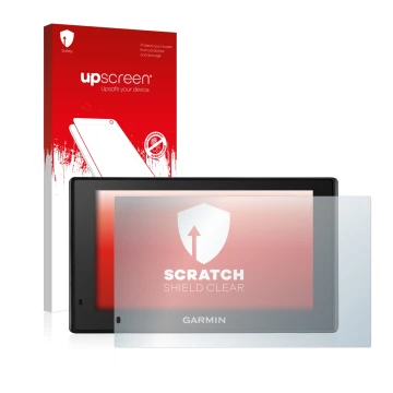 Face avant d’un emballage produit avec le logo de la marque upscreen. À côté, l’appareil Garmin DriveSmart 51 LMT-D est représ