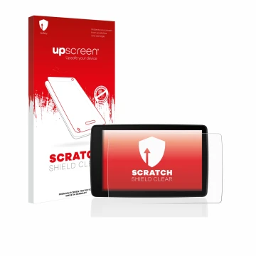 Face avant d’un emballage produit avec le logo de la marque upscreen. À côté, l’appareil BMW Motorrad Navigator VI est représe