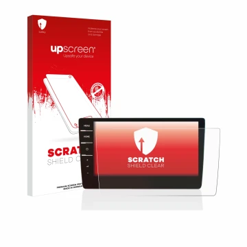 Face avant d’un emballage produit avec le logo de la marque upscreen. À côté, l’appareil Volkswagen Golf 7 Discover Pro 9.2