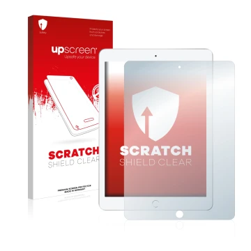 Face avant d’un emballage produit avec le logo de la marque upscreen. À côté, l’appareil Apple iPad 9.7 2017 (5ème Gen.) est r