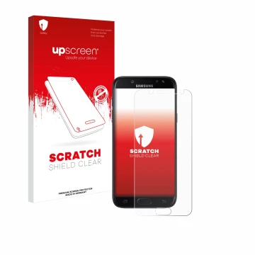 Face avant d’un emballage produit avec le logo de la marque upscreen. À côté, l’appareil Samsung Galaxy J5 2017 est représenté