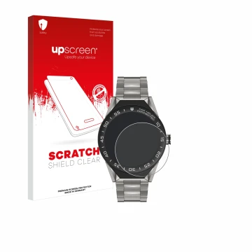 Face avant d’un emballage produit avec le logo de la marque upscreen. À côté, l’appareil TAG Heuer Connected Modular 45 est re