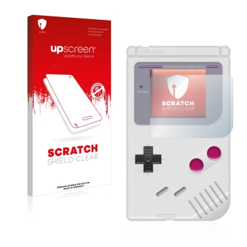 Face avant d’un emballage produit avec le logo de la marque upscreen. À côté, l’appareil Nintendo Gameboy (1989) est représent