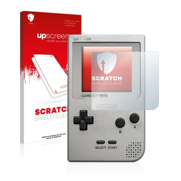 Face avant d’un emballage produit avec le logo de la marque upscreen. À côté, l’appareil Nintendo Gameboy Pocket est représent