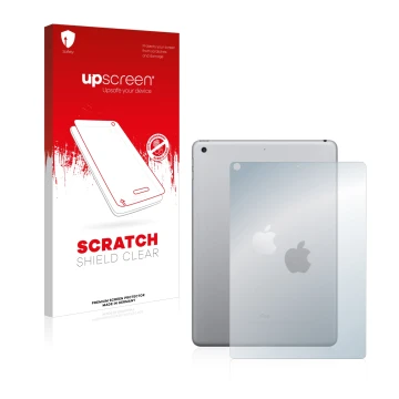 Face avant d’un emballage produit avec le logo de la marque upscreen. À côté, l’appareil Apple iPad 9.7
