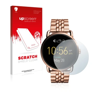 Face avant d’un emballage produit avec le logo de la marque upscreen. À côté, l’appareil Fossil Q Wander est représenté avec l
