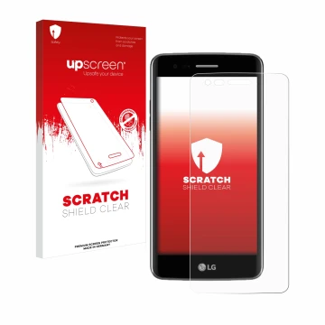 Face avant d’un emballage produit avec le logo de la marque upscreen. À côté, l’appareil LG K8 2017 est représenté avec la pro