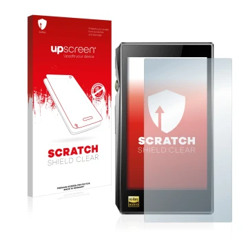 Face avant d’un emballage produit avec le logo de la marque upscreen. À côté, l’appareil FiiO X5 III est représenté avec la pr