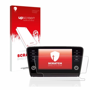 Face avant d’un emballage produit avec le logo de la marque upscreen. À côté, l’appareil Skoda Octavia 2017 Infotainment Syste