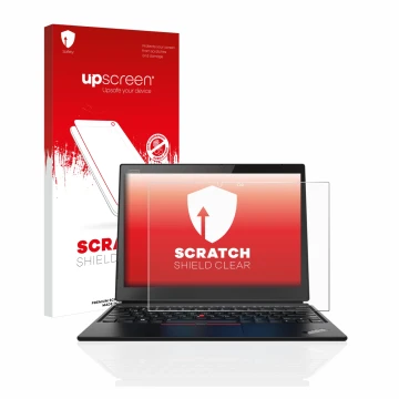 Face avant d’un emballage produit avec le logo de la marque upscreen. À côté, l’appareil Lenovo ThinkPad X1 Yoga (1ère Gen.) e