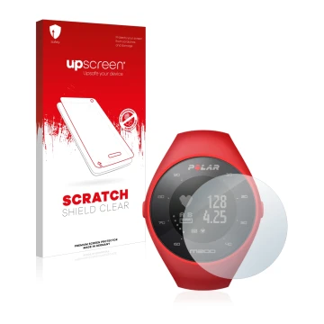 Face avant d’un emballage produit avec le logo de la marque upscreen. À côté, l’appareil Polar M200 est représenté avec la pro