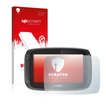 Face avant d’un emballage produit avec le logo de la marque upscreen. À côté, l’appareil TomTom Rider 450 est représenté avec 