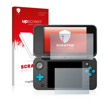 Face avant d’un emballage produit avec le logo de la marque upscreen. À côté, l’appareil Nintendo 2DS XL est représenté avec l