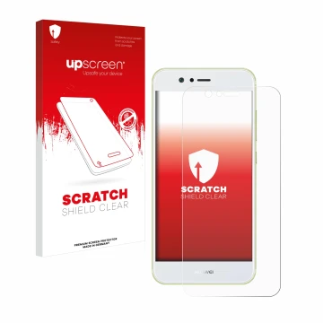 Face avant d’un emballage produit avec le logo de la marque upscreen. À côté, l’appareil Huawei Nova 2 est représenté avec la 