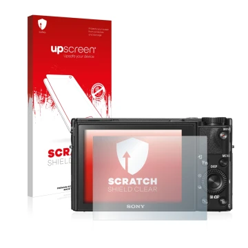 Face avant d’un emballage produit avec le logo de la marque upscreen. À côté, l’appareil Sony Cyber-Shot DSC-RX100 V est repré