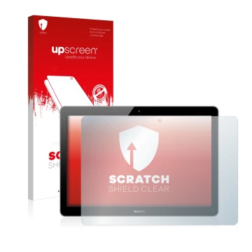 Face avant d’un emballage produit avec le logo de la marque upscreen. À côté, l’appareil Huawei MediaPad T3 10 est représenté 