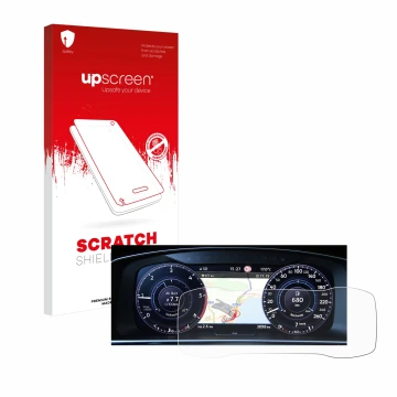 Face avant d’un emballage produit avec le logo de la marque upscreen. À côté, l’appareil Volkswagen Golf 7 Active Info Chockpi