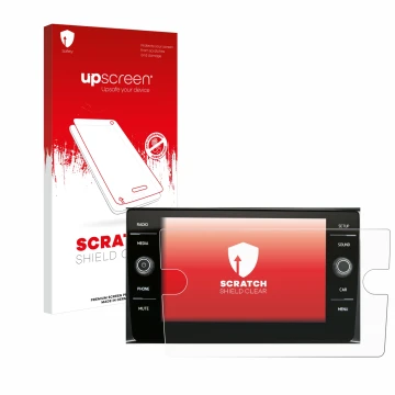 Face avant d’un emballage produit avec le logo de la marque upscreen. À côté, l’appareil Volkswagen Composition Media 2017 est