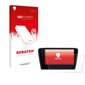 Face avant d’un emballage produit avec le logo de la marque upscreen. À côté, l’appareil Skoda Octavia 2017 Infotainment Syste