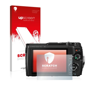 Face avant d’un emballage produit avec le logo de la marque upscreen. À côté, l’appareil Olympus Tough TG-5 est représenté ave