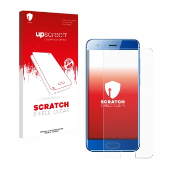 Face avant d’un emballage produit avec le logo de la marque upscreen. À côté, l’appareil Honor 9 est représenté avec la protec