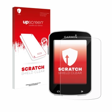 Face avant d’un emballage produit avec le logo de la marque upscreen. À côté, l’appareil Garmin Edge Explore 820 est représent
