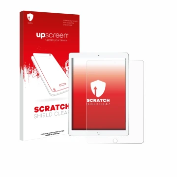 Face avant d’un emballage produit avec le logo de la marque upscreen. À côté, l’appareil Apple iPad Pro 10.5