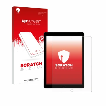 Face avant d’un emballage produit avec le logo de la marque upscreen. À côté, l’appareil Apple iPad Pro 12.9