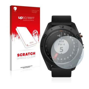 Face avant d’un emballage produit avec le logo de la marque upscreen. À côté, l’appareil Garmin Approach S60 est représenté av