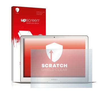 Face avant d’un emballage produit avec le logo de la marque upscreen. À côté, l’appareil Apple MacBook Air 13