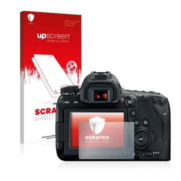Face avant d’un emballage produit avec le logo de la marque upscreen. À côté, l’appareil Canon EOS 6D Mark II est représenté a