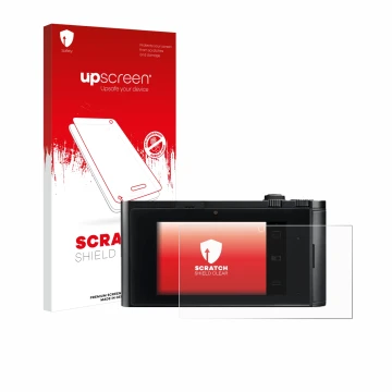 Face avant d’un emballage produit avec le logo de la marque upscreen. À côté, l’appareil Leica TL2 est représenté avec la prot